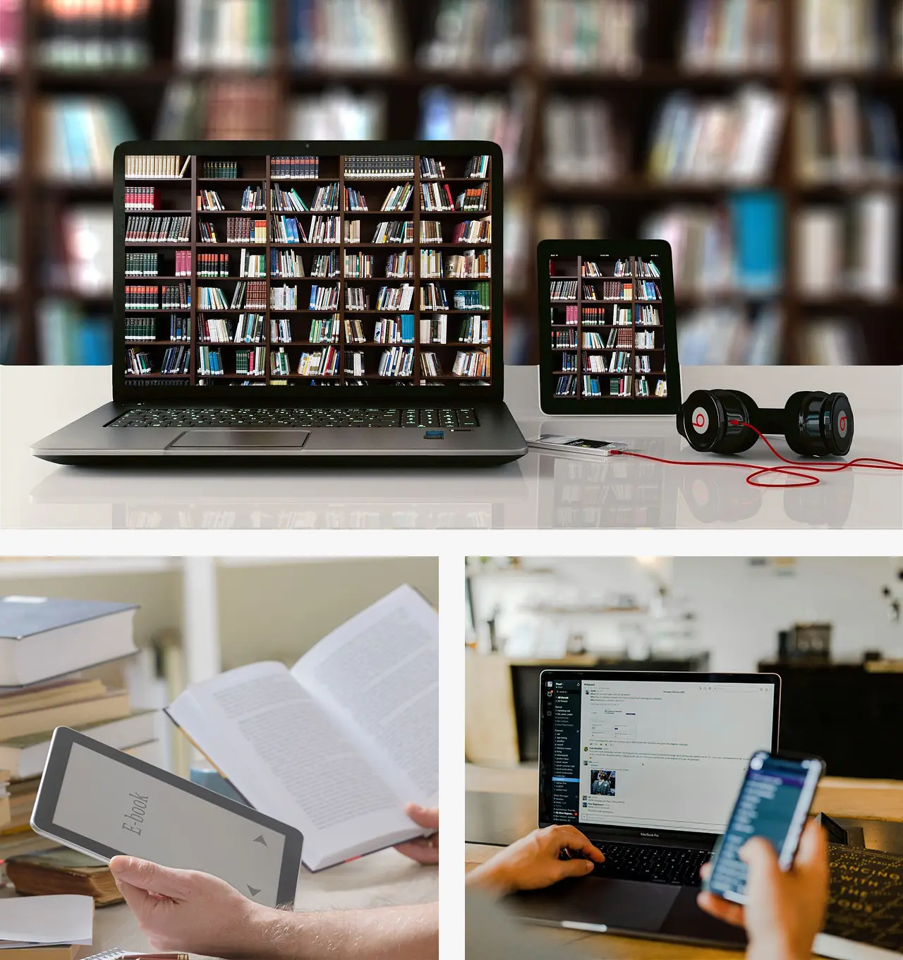 Presentation with 3 images: the first image with a laptop and a tablet showing a library on their screens. The second image shows many books and a tablet. The third image shows a person working on a laptop while holding a Smartphone.