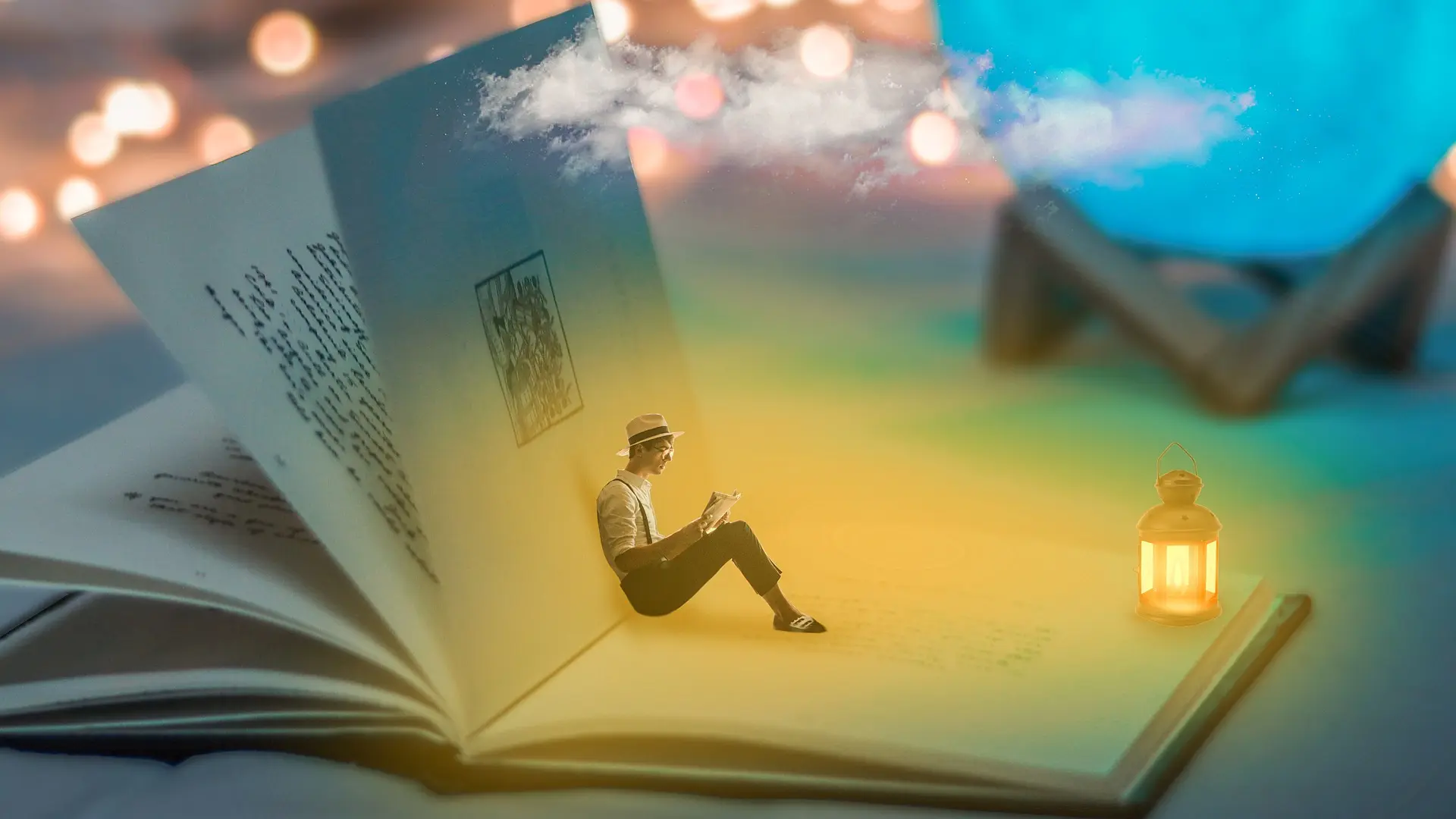 Presentation image with a reader crouched with a book in his hands, placed sitting between the pages of an open book, with a golden light lantern nearby and distant red dot lights in the background.